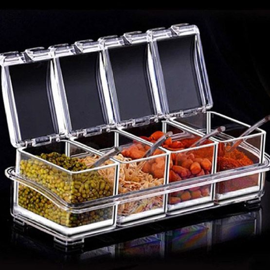 1 Set Clear Seasoning Box Set 4pcs Clear Seasoning Storage Container With  Spoon Clear Seasoning Rack Spice Pots For Pepper Spice Salt Sugar Storage
