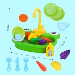 Kitchen Sink Toys Set for Kids, Frog Model Kids Electric Dishwasher with Running Water, Automatic Water Cycle System, Washing Vegetables