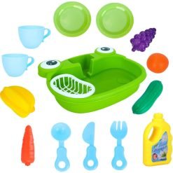 Kitchen Sink Toys Set for Kids, Frog Model Kids Electric Dishwasher with Running Water, Automatic Water Cycle System, Washing Vegetables