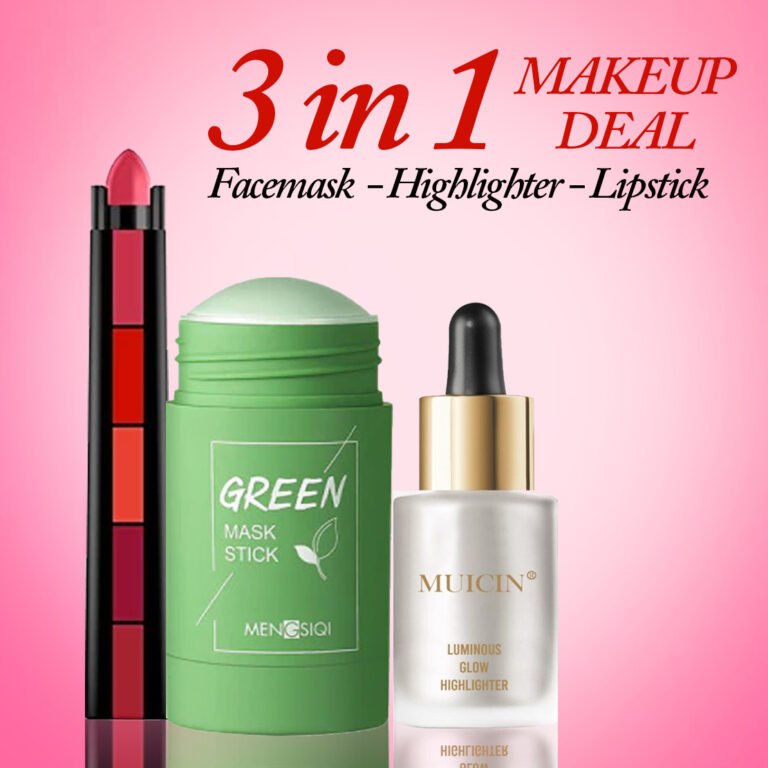 3 in 1 Makeup Deal (5 in 1 Lipstick, Green Mask & Muicin Highlighter