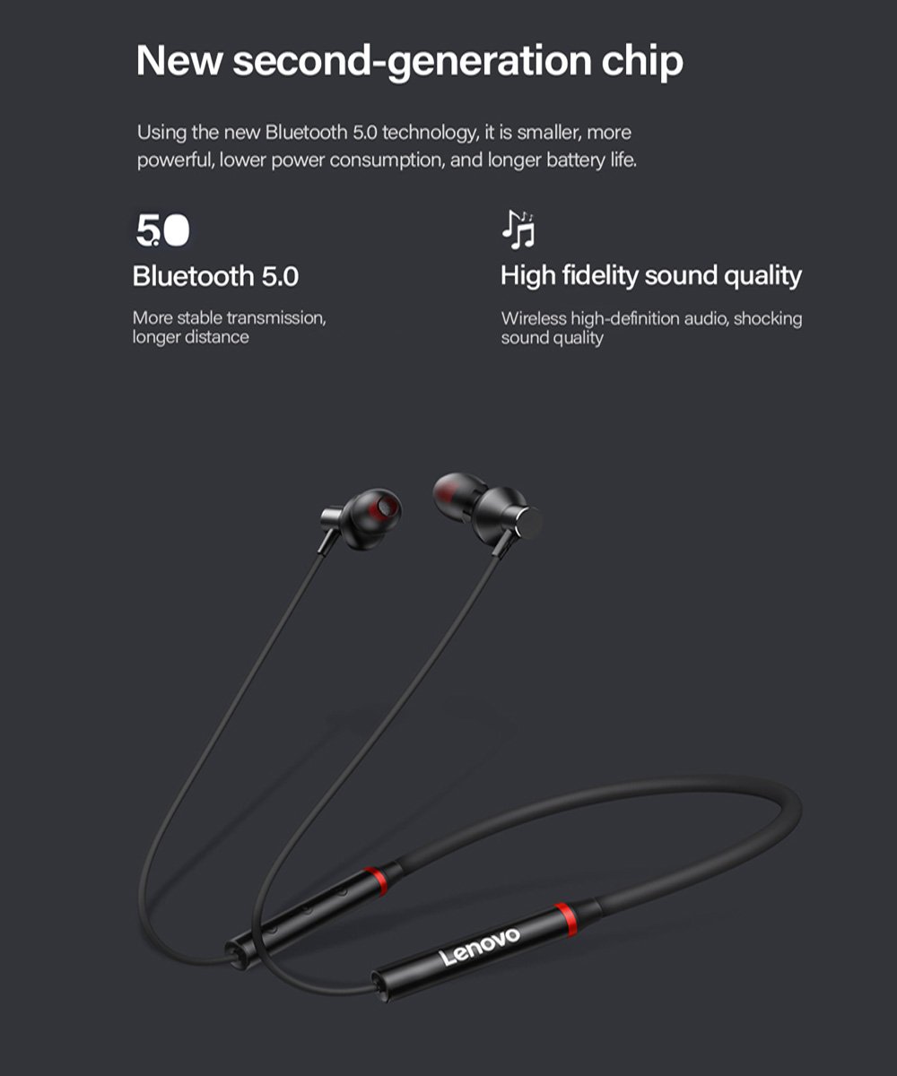 Lenovo HE05X Bluetooth Earphone Neck Hanging Wireless Magnetic Design Waterproof Bluetooth 5.0 Black Lenovo HE05X Bluetooth Earphone Neck Hanging Wireless Magnetic Design Waterproof Bluetooth 5.0 Black - Image 2