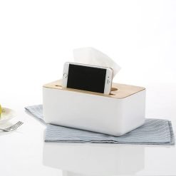 Plastic Tissue Box With Wood Cover & Mobile Stand