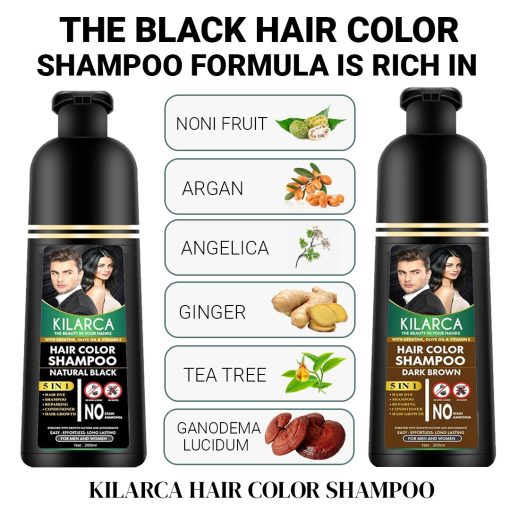 Kilarca 5 in 1 Hair Color Shampoo Natural & Healthy with Ginger Essence & Vitamin E 200 ML – Dark Brown