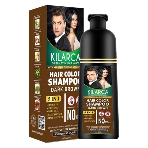 Kilarca 5 in 1 Hair Color Shampoo Natural & Healthy with Ginger Essence & Vitamin E 200 ML – Dark Brown