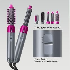 5 in 1 Professional Hair Dryer Straightener Negative Ion Comb for Rotating Straightening, Curling, Salon Hot Air Brush, Hair Curler with Various Brush Heads