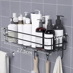 Metal Shelf for Bathroom with 4 Hooks, Self Adhesive Wall Storage Organizer For Bathroom