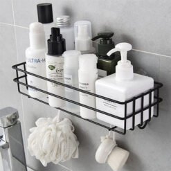 Metal Shelf for Bathroom with 4 Hooks, Self Adhesive Wall Storage Organizer For Bathroom