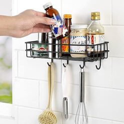Metal Shelf for Bathroom with 4 Hooks, Self Adhesive Wall Storage Organizer For Bathroom