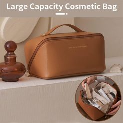 Large Capacity Travel Cosmetic Bag with Zipper Leather Mateiral Black, Pink, Brown & White