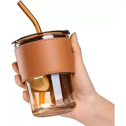 Glass Tumbler with Straw and Lid Glass Cup with Leather Sleeve