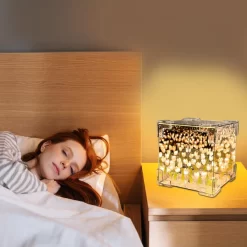 Artificial Tulips in Crystal Box – Handmade DIY Pink Tulip Cube Mirror Lamp, LED Night Light for Bedroom, Unique Flower Table Lamp