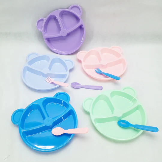 Pack of 5pcs Multicolor Portable Kids Portion Plate Set with Spoon & Fork Pack of 5pcs Multicolor Portable Kids Portion Plate Set with Spoon & Fork