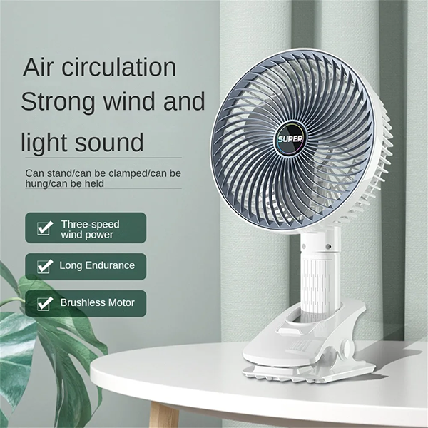 Portable Circulation Clamp Fan or Rechargable Table Fan with stand USB Rechargeable Fan A fan that cools the air during hot weather. A portable fan suitable for home, shops, offices, and various locations. Ideal for travel, office use, makeup application, and other different services. Operates via charging.