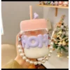 Elegant Pearl Glass Coffee Mug with Glass Straw & Pearl Chain | Cute Glass Sipper Cup Elegant Pearl Glass Coffee Mug with Glass Straw & Pearl Chain | Cute Glass Sipper Cup