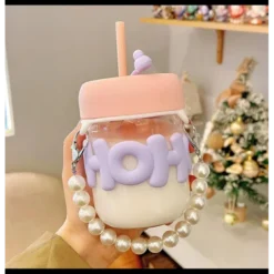 Elegant Pearl Glass Coffee Mug with Glass Straw & Pearl Chain | Cute Glass Sipper Cup