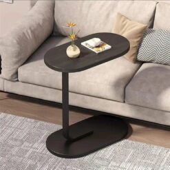 C-Shaped Side Table, Oval Wood Top with Metal Base, Sofa End Table for Living Room- Brown