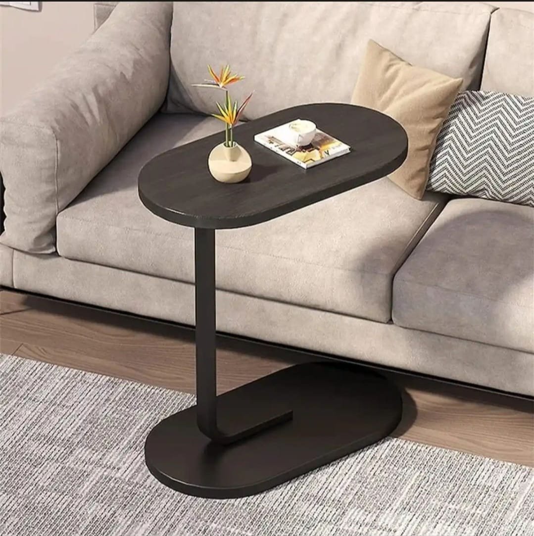 C-Shaped Side Table, Oval Wood Top with Metal Base, Sofa End Table for Living Room- Brown C-Shaped Side Table, Oval Wood Top with Metal Base, Sofa End Table for Living Room- Brown