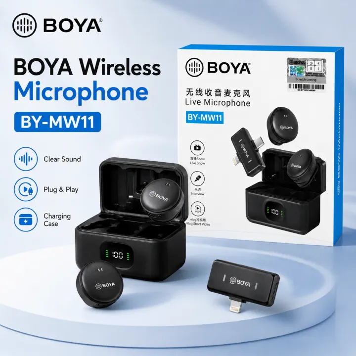 BOYA BY-MW11 Wireless Microphone with Charging Case | Dual Clip-On Lavalier Mic for Vlogging, Interviews, Online Teaching & Live Streaming | Plug & Play Portable Audio Microphone BOYA BY-MW11 Wireless Microphone