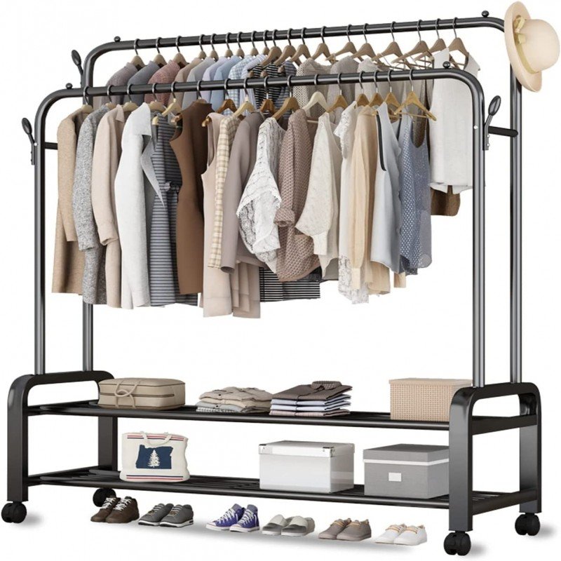 Clothes Rack with Shoe Shelf | Coat & Garment Display Stand with 4 Wheels | Heavy-Duty Clothes Organizer – Black Clothes Rack with Shoe Shelf