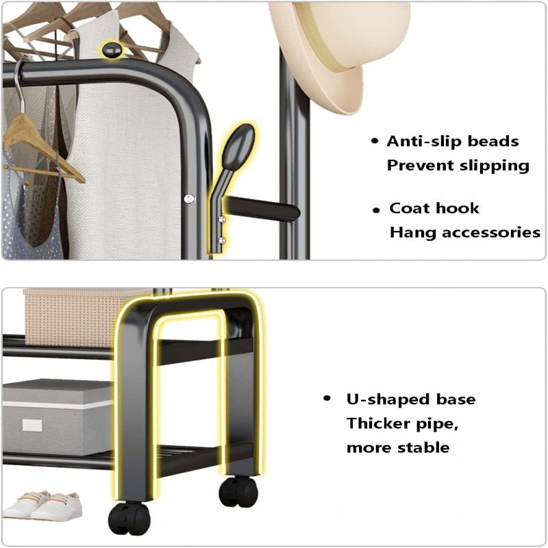 Clothes Rack with Shoe Shelf | Coat & Garment Display Stand with 4 Wheels | Heavy-Duty Clothes Organizer – Black Clothes Rack with Shoe Shelf | Coat & Garment Display Stand with 4 Wheels | Heavy-Duty Clothes Organizer – Black - Image 4