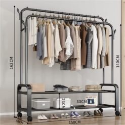 Clothes Rack with Shoe Shelf | Coat & Garment Display Stand with 4 Wheels | Heavy-Duty Clothes Organizer – Black Clothes Rack with Shoe Shelf | Coat & Garment Display Stand with 4 Wheels | Heavy-Duty Clothes Organizer – Black - Image 3