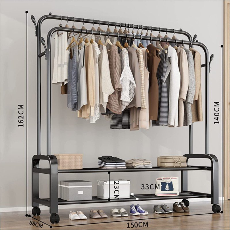 Clothes Rack with Shoe Shelf | Coat & Garment Display Stand with 4 Wheels | Heavy-Duty Clothes Organizer – Black Clothes Rack with Shoe Shelf | Coat & Garment Display Stand with 4 Wheels | Heavy-Duty Clothes Organizer – Black - Image 3